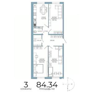 3-к квартира, строящийся дом, 84м2, 2/18 этаж