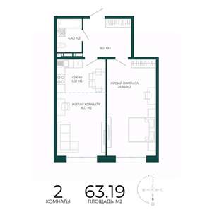 2-к квартира, вторичка, 63м2, 2/17 этаж