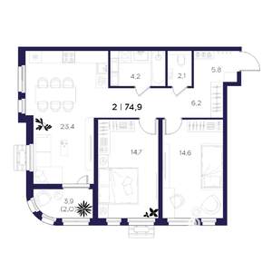 2-к квартира, вторичка, 75м2, 10/16 этаж