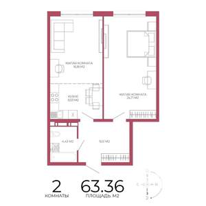 2-к квартира, строящийся дом, 63м2, 5/18 этаж
