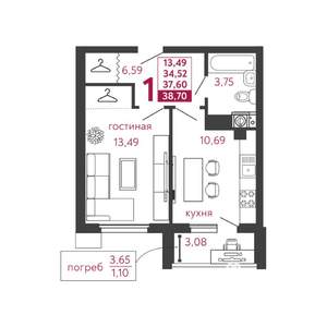 1-к квартира, вторичка, 39м2, 1/5 этаж