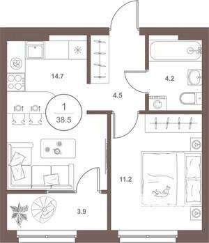 1-к квартира, вторичка, 38м2, 10/16 этаж