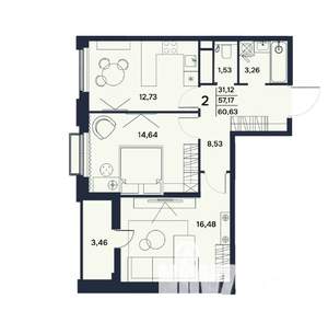 2-к квартира, вторичка, 61м2, 13/17 этаж