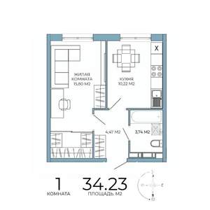 1-к квартира, строящийся дом, 34м2, 14/18 этаж
