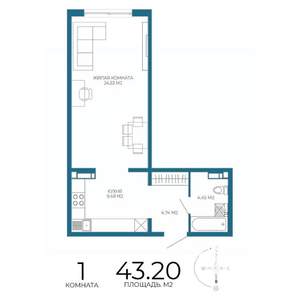 1-к квартира, строящийся дом, 43м2, 7/17 этаж