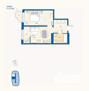 1-к квартира, вторичка, 43м2, 13/16 этаж