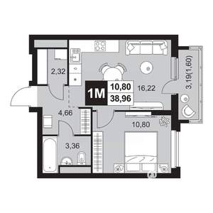 2-к квартира, вторичка, 39м2, 9/20 этаж