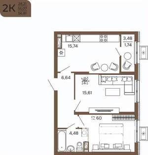 2-к квартира, вторичка, 57м2, 15/17 этаж