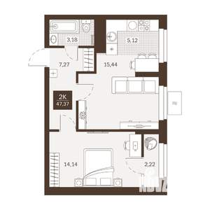 2-к квартира, вторичка, 47м2, 18/22 этаж