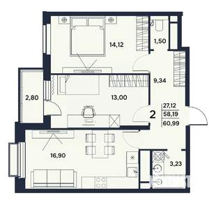 2-к квартира, вторичка, 61м2, 16/17 этаж