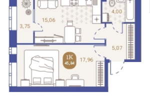 1-к квартира, вторичка, 46м2, 3/4 этаж
