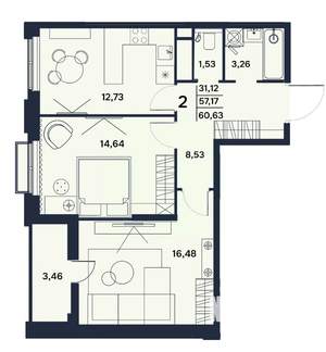 2-к квартира, вторичка, 61м2, 1/17 этаж