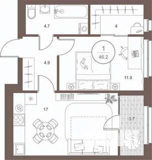 1-к квартира, вторичка, 46м2, 2/16 этаж