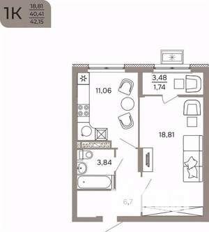 1-к квартира, вторичка, 42м2, 12/17 этаж