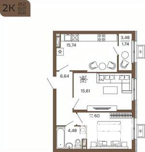 2-к квартира, вторичка, 57м2, 6/17 этаж