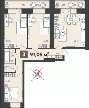 3-к квартира, вторичка, 97м2, 2/16 этаж