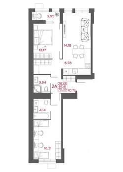 2-к квартира, вторичка, 70м2, 4/14 этаж