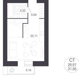Студия квартира, строящийся дом, 32м2, 6/16 этаж