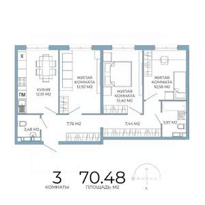 3-к квартира, строящийся дом, 70м2, 9/18 этаж