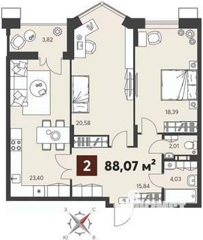 2-к квартира, вторичка, 88м2, 2/18 этаж