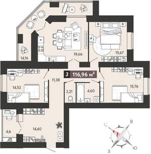 3-к квартира, вторичка, 117м2, 10/18 этаж