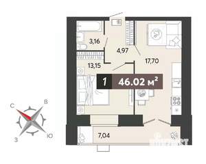 1-к квартира, вторичка, 46м2, 5/16 этаж