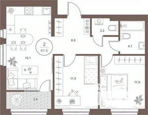 2-к квартира, вторичка, 61м2, 7/16 этаж