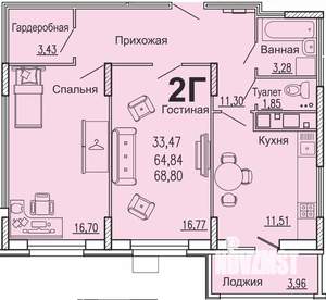 2-к квартира, строящийся дом, 69м2, 13/15 этаж