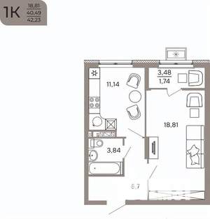 1-к квартира, вторичка, 42м2, 6/17 этаж