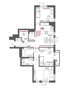 3-к квартира, вторичка, 82м2, 3/22 этаж