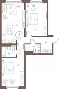 2-к квартира, вторичка, 74м2, 6/16 этаж