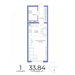 1-к квартира, строящийся дом, 34м2, 6/17 этаж