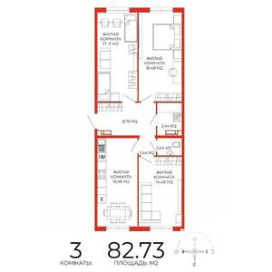 3-к квартира, строящийся дом, 83м2, 14/18 этаж