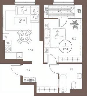1-к квартира, вторичка, 47м2, 9/16 этаж