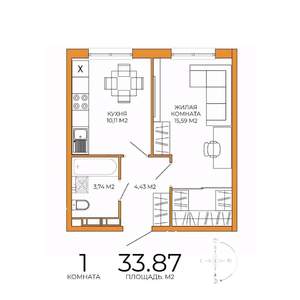 1-к квартира, строящийся дом, 34м2, 2/18 этаж