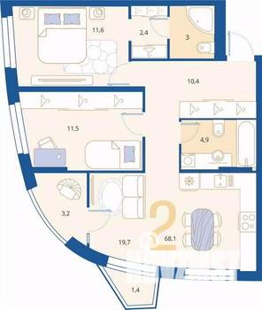 2-к квартира, вторичка, 68м2, 7/16 этаж