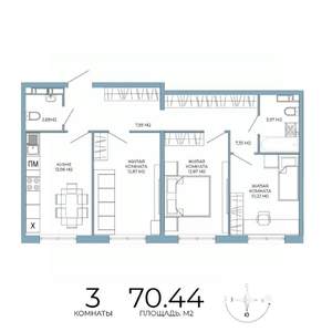 3-к квартира, строящийся дом, 70м2, 9/18 этаж