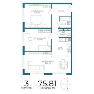 3-к квартира, строящийся дом, 76м2, 6/17 этаж