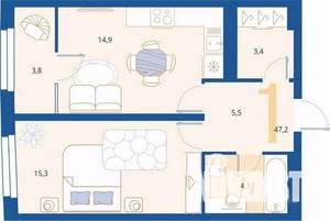 1-к квартира, вторичка, 47м2, 7/16 этаж