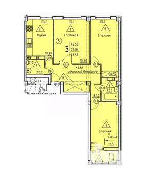 3-к квартира, строящийся дом, 74м2, 8/18 этаж