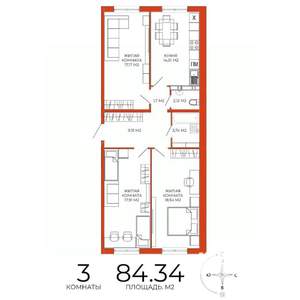 3-к квартира, строящийся дом, 84м2, 2/18 этаж