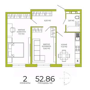 2-к квартира, вторичка, 53м2, 4/18 этаж