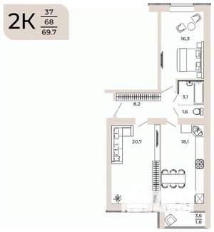 2-к квартира, вторичка, 70м2, 2/10 этаж