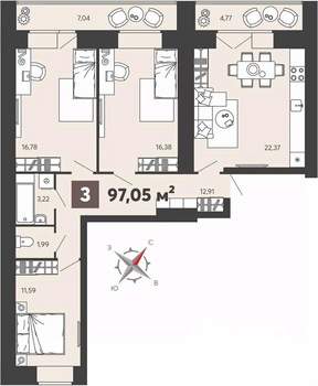 3-к квартира, вторичка, 97м2, 1/16 этаж