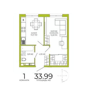 1-к квартира, строящийся дом, 34м2, 3/18 этаж