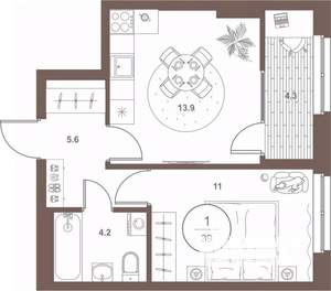 1-к квартира, вторичка, 39м2, 7/16 этаж