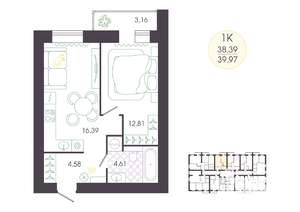 1-к квартира, вторичка, 40м2, 11/16 этаж
