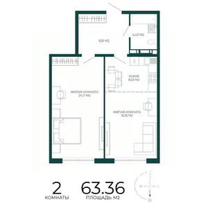 2-к квартира, строящийся дом, 63м2, 5/17 этаж