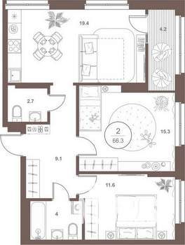 2-к квартира, вторичка, 66м2, 10/16 этаж