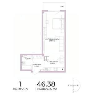 1-к квартира, строящийся дом, 46м2, 17/17 этаж